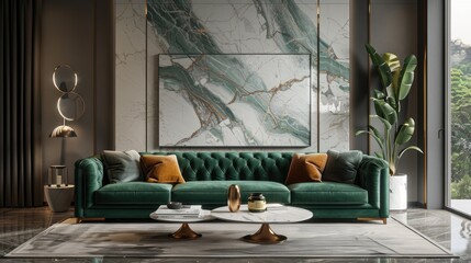 Marble coffee table and green velvet sofa. Art decoration. Generative Ai
