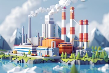 Obraz premium Lively Low Poly Industrial Landscape with Mountains and River, To provide a unique and eye-catching representation of an industrial landscape for use