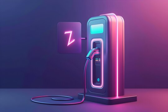 Neon Electric Car Charging Station Concept Illustration, To provide a visually striking and relevant image for stock photo platforms, showcasing the