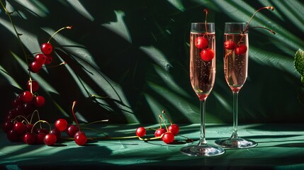 Prosecco wine, red cocktail cherry, and black currant liqueur make up the Kir Royale drink. Hard light and shadow pattern against a dark green background