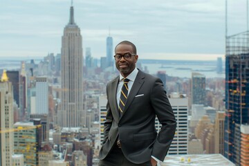 african Man in a suit standing in front of a city skyline, Modern city skyline