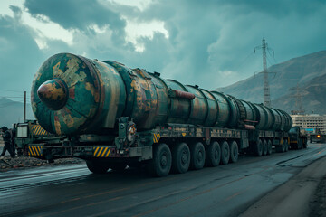 Nuclear warhead being transported under heavy security measures, highlighting the secrecy and caution surrounding the handling of nuclear weapons - obrazy, fototapety, plakaty