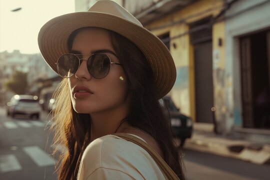 Young beautiful pretty and attractive woman wearing a hat and sunglasses on a city street, Closeup portrait of woman