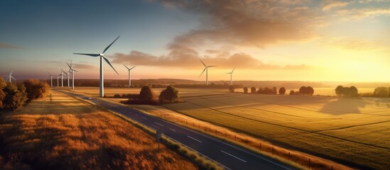view from above of highway amidst fields and wind turbines