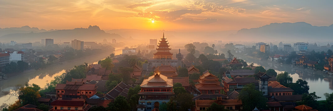 Cityscape with That Luang Great Golden Stupa Vie,
The sun is setting over a city with tall buildings
