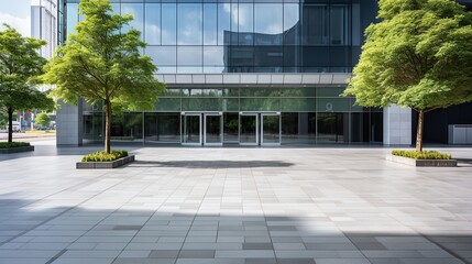 empty sidewalk in front of the entrance of a modern glass office building. examples of outdoor...