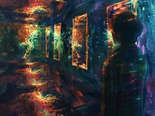 Mirror Maze of Mind. In the labyrinth of reflection a seeker confronts the convolutions of conviction - obrazy, fototapety, plakaty