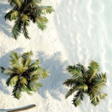 photo of palm trees growing on the beach on the white sand. Photo of plants from the upper angle.