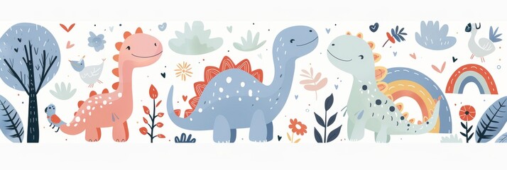 Obraz premium Colorful cartoon dinosaurs in a whimsical landscape. This vibrant image showcases playful cartoon dinosaurs in a variety of colors, surrounded by whimsical flora and other cute elements