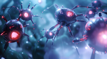 targeted approach,  micro and nanobots are capable of encapsulation, transport, and direct delivery of therapeutic substances to disease sites,  therapeutic efficacy ,  reducing systemic side effects  - obrazy, fototapety, plakaty