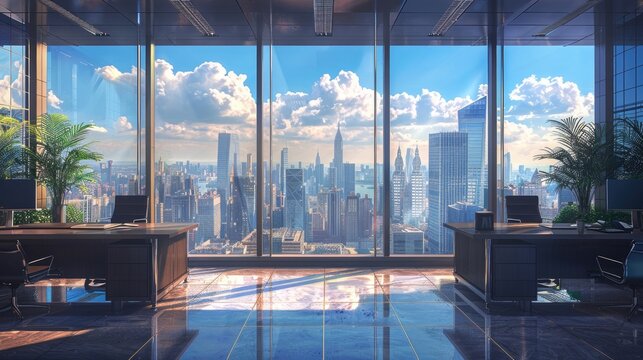 Elegant cityscape, modern office, room win. Generative Ai