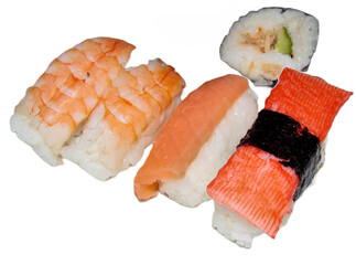 Sushi food isolated on white background. With salmon, shrimp and others
