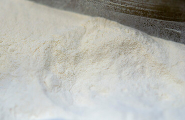 White polyamide powder close up. White polyamide powder for creating objects on 3D printer. Material polyamide powder for 3D printer printing. Additive MJF Multi Jet Fusion technologies. Thermoplastic