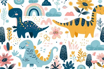 Zelfklevend behang Onder de zee Colorful cartoon dinosaurs in a whimsical landscape. This vibrant image showcases playful cartoon dinosaurs in a variety of colors, surrounded by whimsical flora and other cute elements