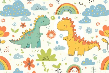 Obraz premium Colorful cartoon dinosaurs in a whimsical landscape. This vibrant image showcases playful cartoon dinosaurs in a variety of colors, surrounded by whimsical flora and other cute elements