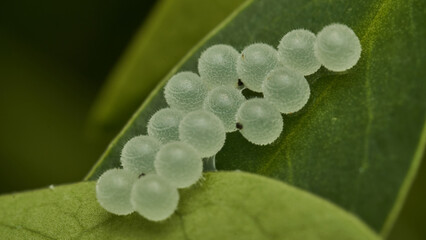 some white insect eggs on a green leaf © DiazAragon