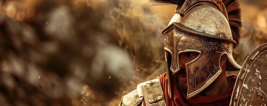 Portrait of a male Spartan warrior wearing war equipment on the battlefield