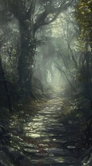 Obraz premium Enchanted Forest Path with Magical Light. A magical forest path illuminated by ethereal light, offering an escape into a world of peace and enchantment.