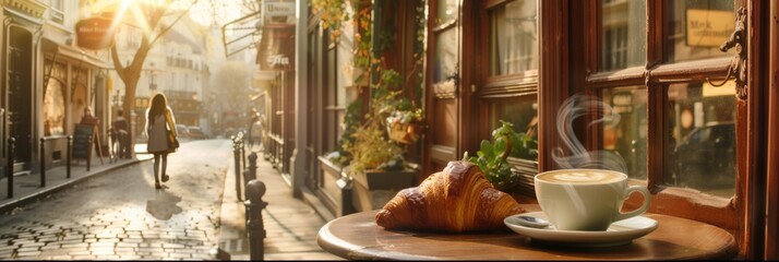 A simple yet inviting scene featuring a cup of coffee resting on top of a wooden table.