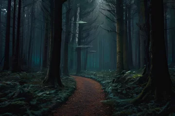 Fotobehang Mystical magic exotic forest with shiny neon illumination. Surreal and enchanting artwork © Amila Vector
