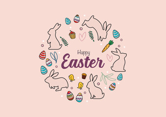 Happy easter card banner with bunnies doodle style - 757931668