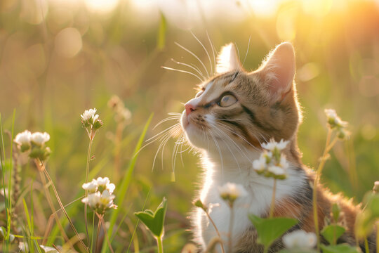cat sitting in the grass with meadow in the background