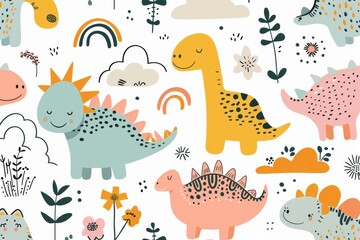 Colorful cartoon dinosaurs in a whimsical landscape. This vibrant image showcases playful cartoon dinosaurs in a variety of colors, surrounded by whimsical flora and other cute elements