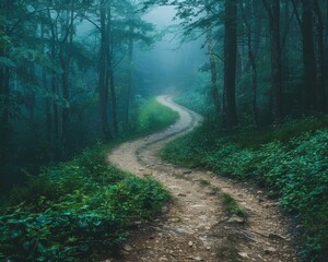 Fototapeta premium Misty Trail through a Lush Green Forest . A misty, secluded trail through a lush green forest provides a contemplative journey through nature's embrace.
