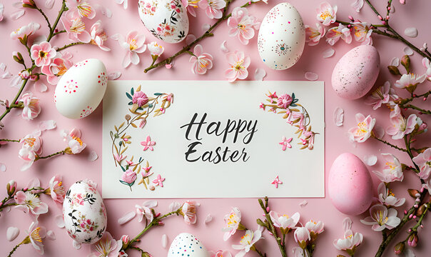 "Happy Easter" wishes with colored eggs and spring flowers on a pink pastel background