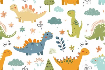 Naklejka premium Colorful cartoon dinosaurs in a whimsical landscape. This vibrant image showcases playful cartoon dinosaurs in a variety of colors, surrounded by whimsical flora and other cute elements