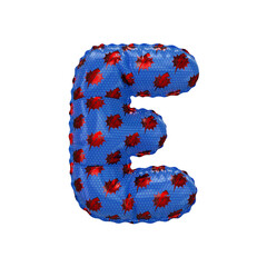 3D inflated balloon letter E with red & blue power lightning comic hero pattern hexagon surface