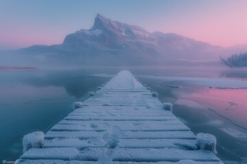A wooden pier is in front of a mountain range
