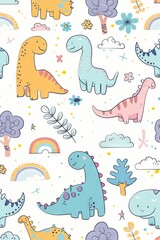 Colorful cartoon dinosaurs in a whimsical landscape. This vibrant image showcases playful cartoon dinosaurs in a variety of colors, surrounded by whimsical flora and other cute elements