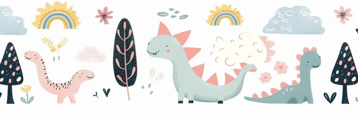 Colorful cartoon dinosaurs in a whimsical landscape. This vibrant image showcases playful cartoon dinosaurs in a variety of colors, surrounded by whimsical flora and other cute elements