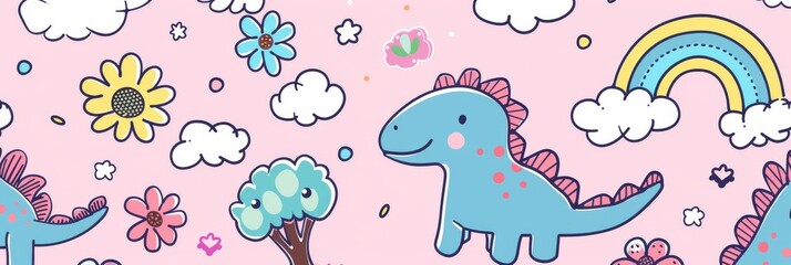 Colorful cartoon dinosaurs in a whimsical landscape. This vibrant image showcases playful cartoon dinosaurs in a variety of colors, surrounded by whimsical flora and other cute elements