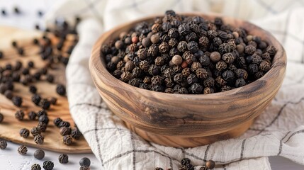 A wooden bowl filled to the brim with black peppercorns was covered in white fabric.