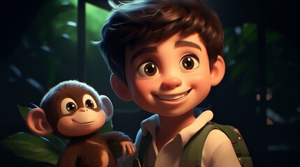 Fototapeta na wymiar A joyful boy with a monkey in the jungle