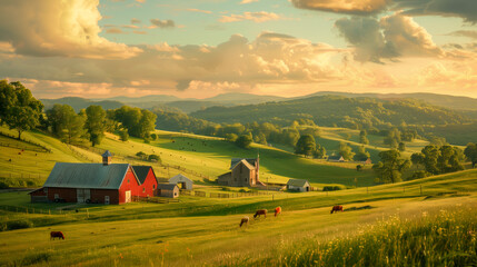 Rural Farm Life: Scenes from a rustic farm, including farmers working in fields, animals grazing, and barns against a backdrop of rolling hills