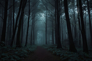 Obraz premium Mystical magic exotic forest with shiny neon illumination. Surreal and enchanting artwork