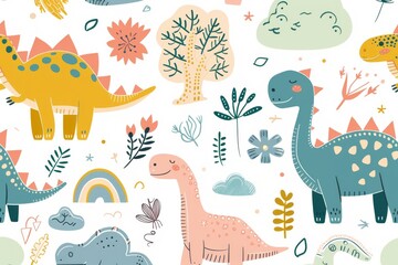 Fototapeta premium Colorful cartoon dinosaurs in a whimsical landscape. This vibrant image showcases playful cartoon dinosaurs in a variety of colors, surrounded by whimsical flora and other cute elements