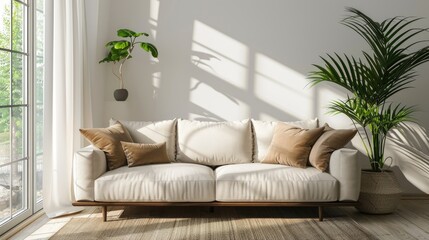Beige fabric sofa against window. Bohemian interior design. Generative Ai