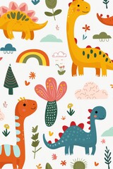 Obraz premium Colorful cartoon dinosaurs in a whimsical landscape. This vibrant image showcases playful cartoon dinosaurs in a variety of colors, surrounded by whimsical flora and other cute elements