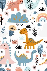 Obraz premium Colorful cartoon dinosaurs in a whimsical landscape. This vibrant image showcases playful cartoon dinosaurs in a variety of colors, surrounded by whimsical flora and other cute elements