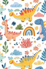 Naklejka na ściany i meble Colorful cartoon dinosaurs in a whimsical landscape. This vibrant image showcases playful cartoon dinosaurs in a variety of colors, surrounded by whimsical flora and other cute elements