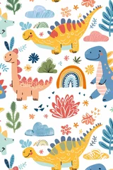 Fototapete Unter dem Meer Colorful cartoon dinosaurs in a whimsical landscape. This vibrant image showcases playful cartoon dinosaurs in a variety of colors, surrounded by whimsical flora and other cute elements