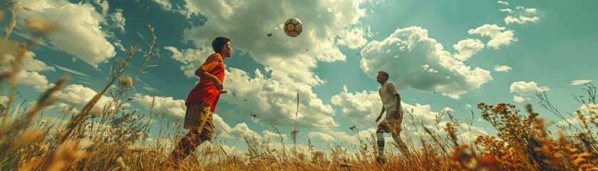 Two soccer players are playing a game of soccer in a field