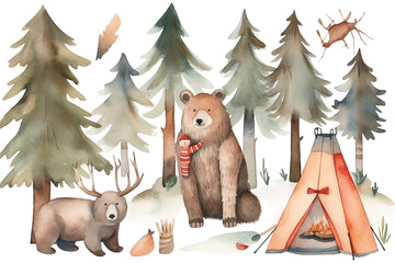 style forest bear camping watercolor Lumberjack illustration