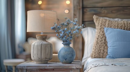 Fototapeta na wymiar Close-up of a rustic nightstand lamp next to a bed. Generative Ai