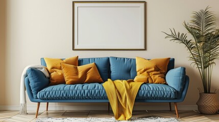 Blue sofa with yellow blanket and pillows. Generative Ai