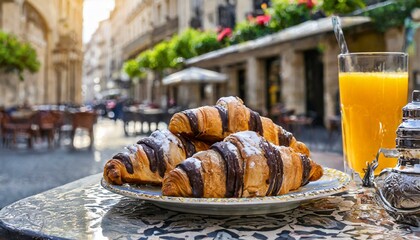 French chocolate croissants on a plate near a freshly squeezed orange juice at a small table at the street side in Paris